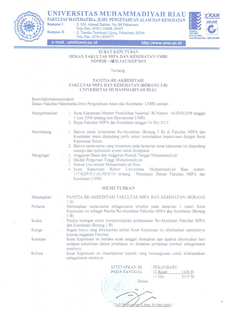 SK Panitia Re Akreditasi Program Studi FMIPA dan Kesehatan   001